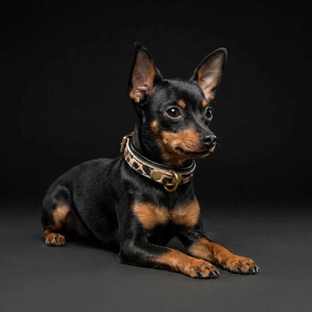 Puppy wearing leopard print collar with black strap and gold buckle hardware