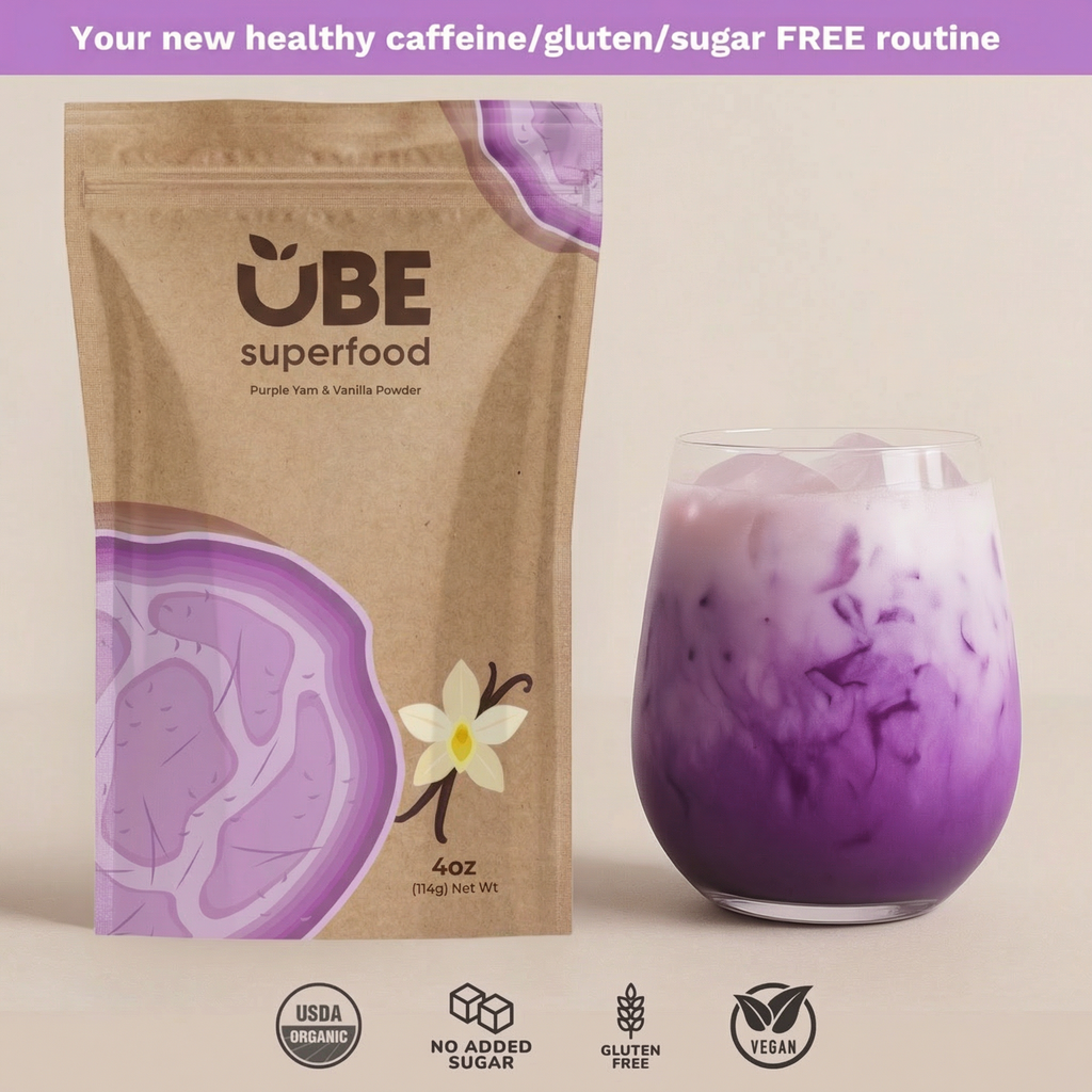Organic ube powder pouch with a glass of purple ube drink