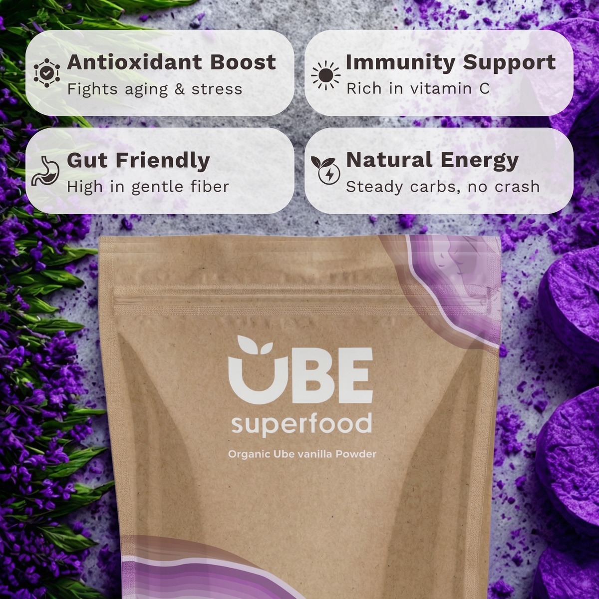 Organic ube powder bag with purple swirl design and ube superfood logo