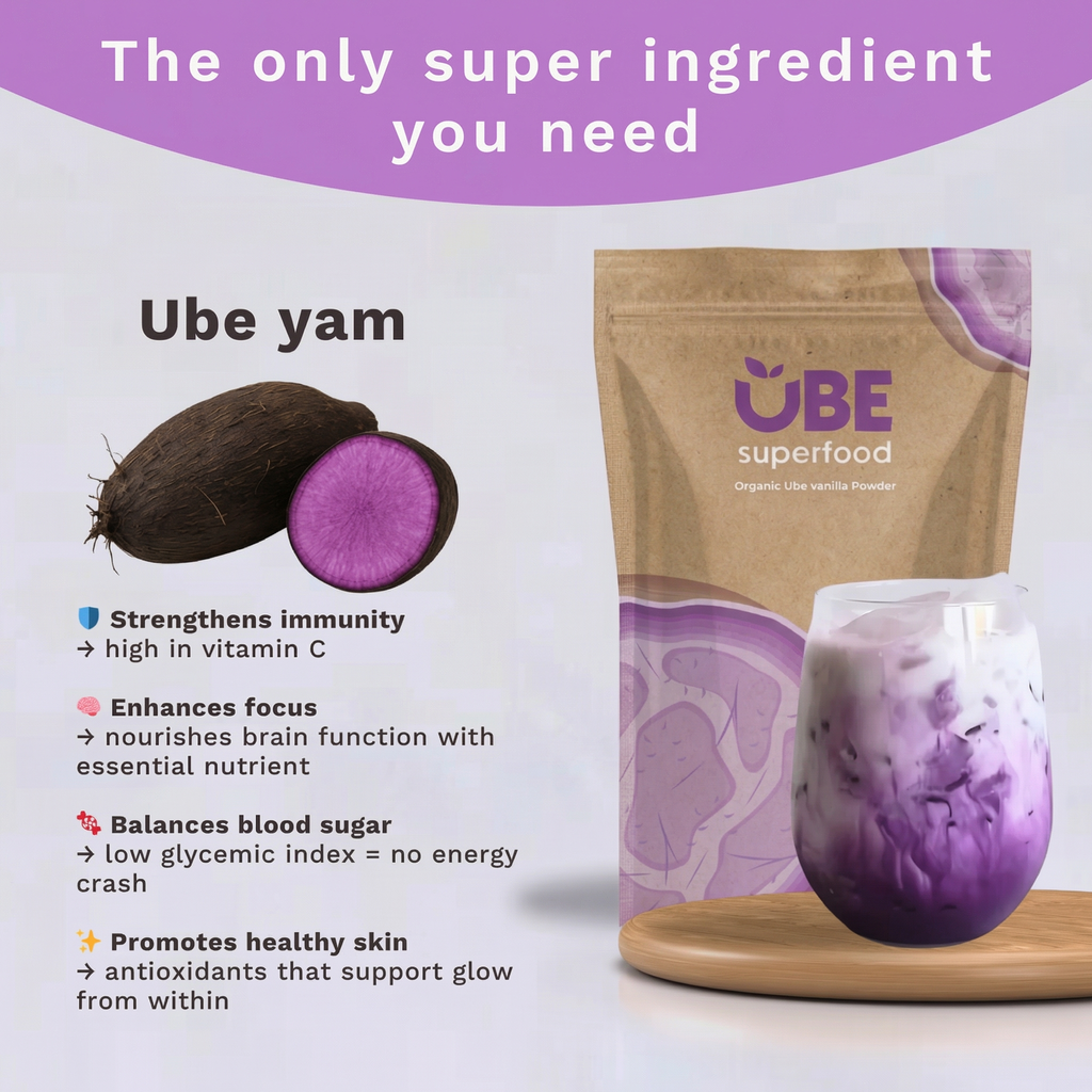 Ube powder pouch with ube yam halves and a glass of purple drink