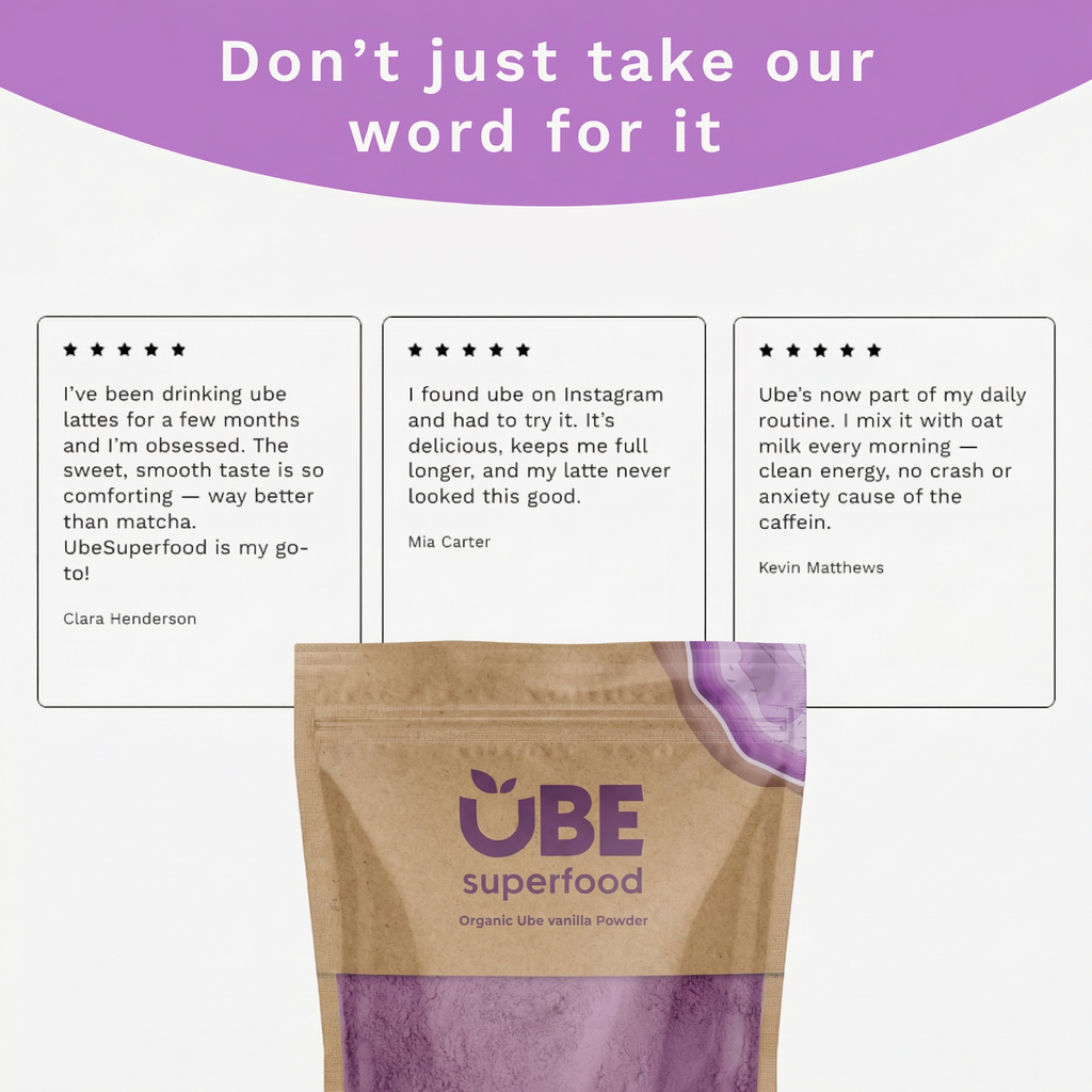 Ube powder pouch with three review cards