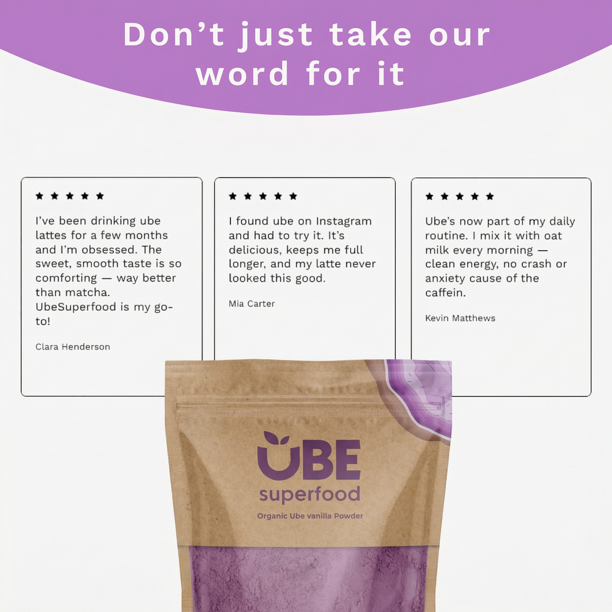 Ube powder pouch with three review cards