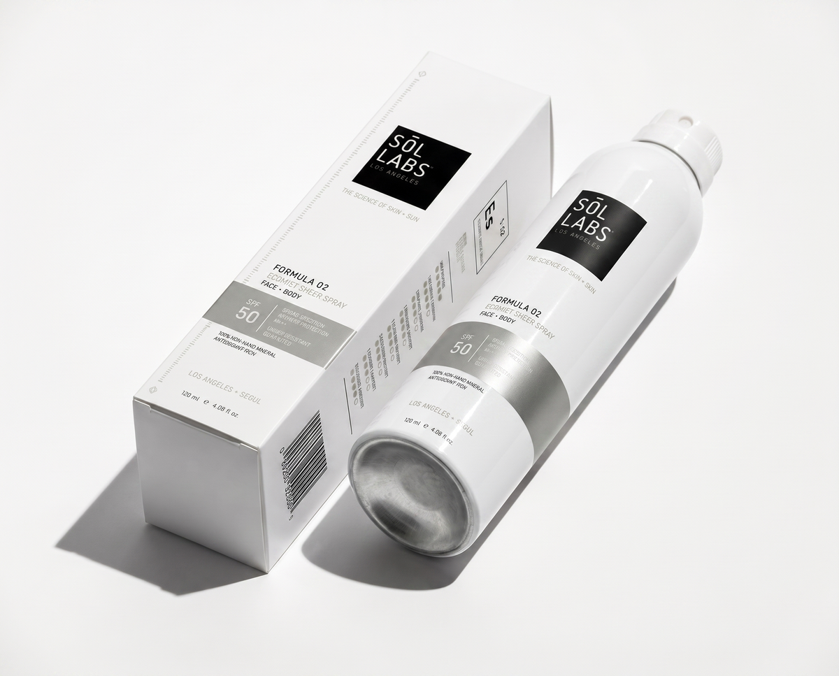 Ecomist SPF 50 mineral spray bottle and matching packaging box