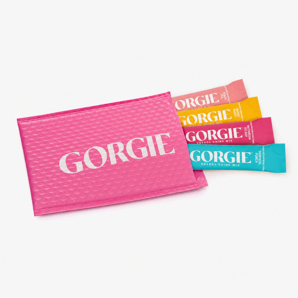 GORGIE energy drink mix variety pack sachets in pink, yellow, and teal