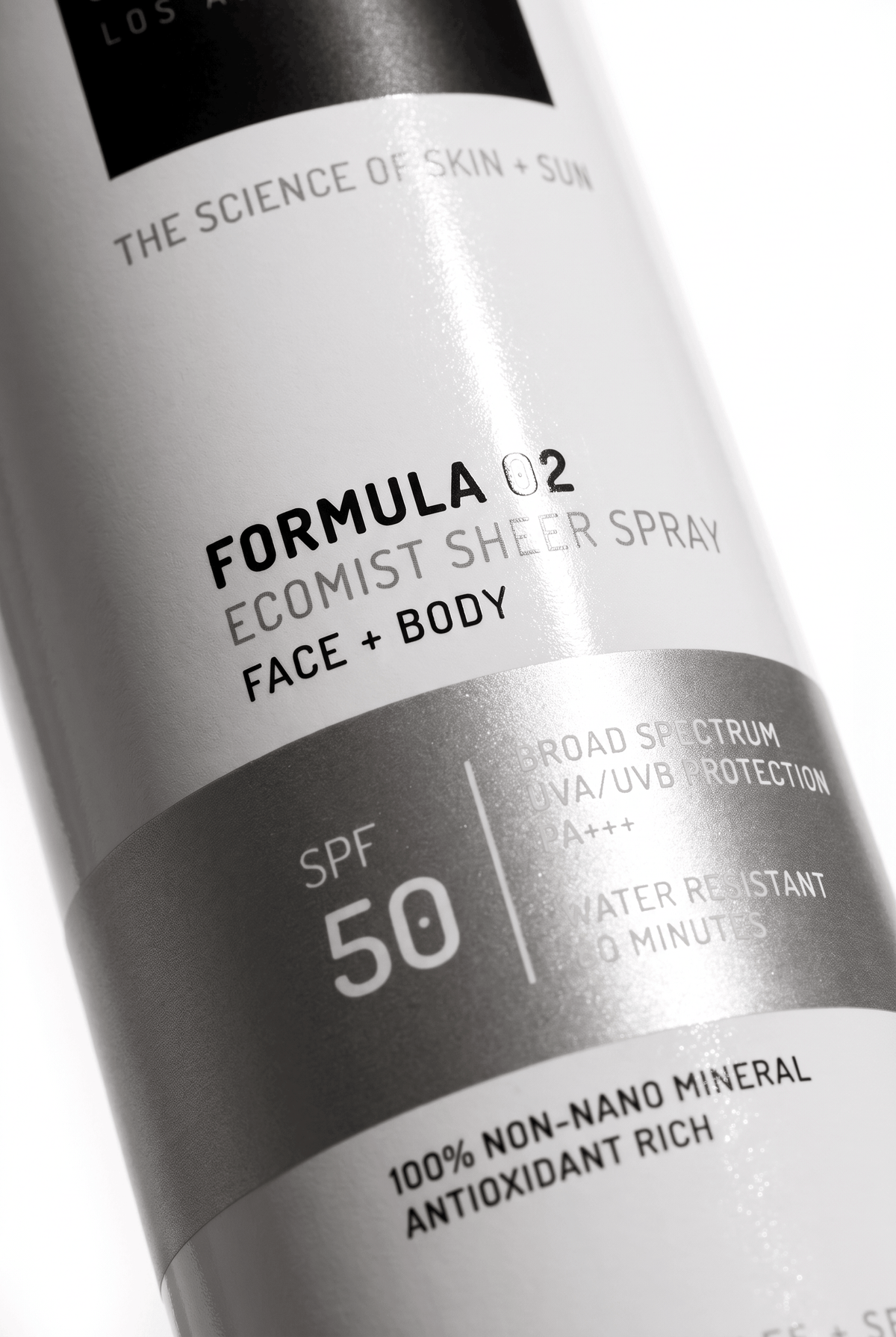 Ecomist Formula 02 face + body sheer spray SPF 50 label close-up