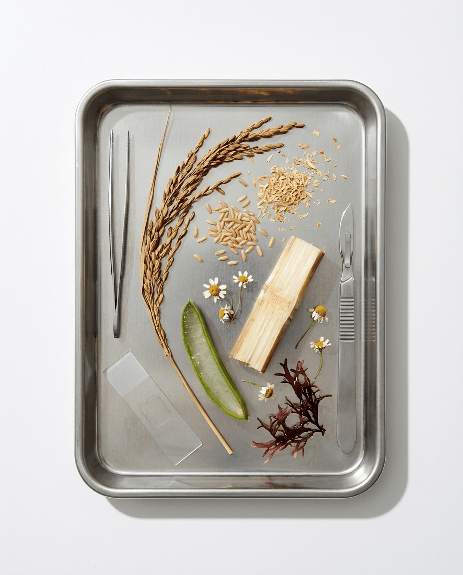 Assorted natural ingredients arranged in metal tray with tan serum sample