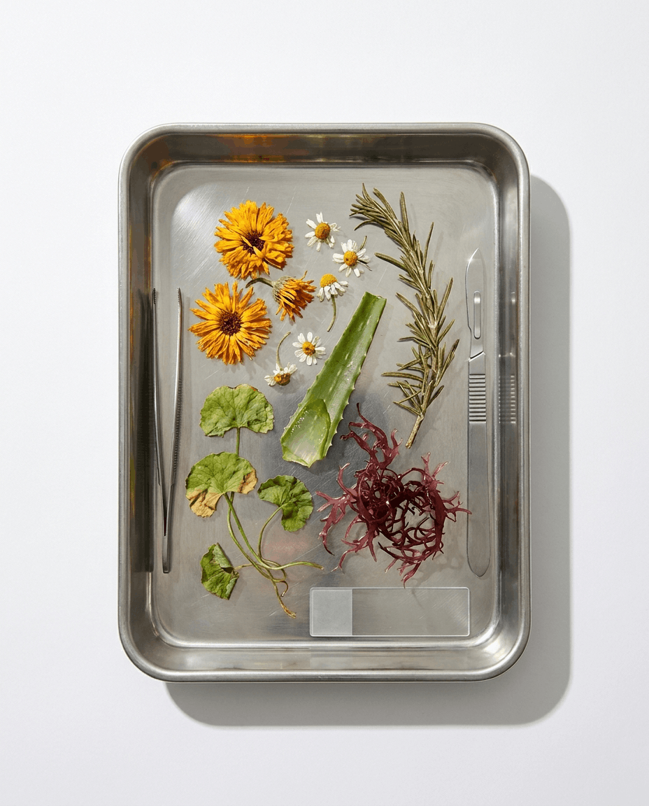 Botanical ingredients in a metal tray for mineral SPF spray