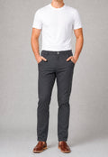 Men's dark charcoal stretch chinos, front button closure and slash pockets