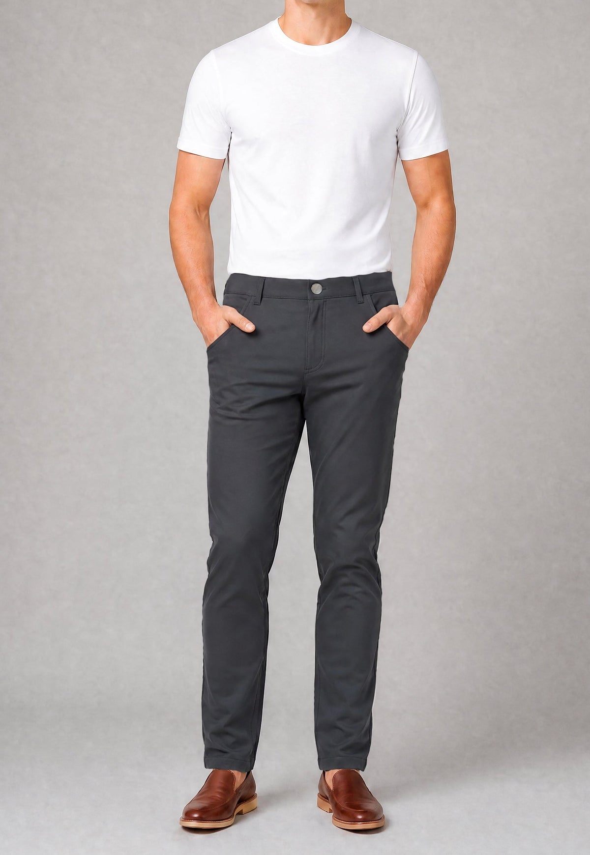 Men's dark charcoal stretch chinos, front button closure and slash pockets