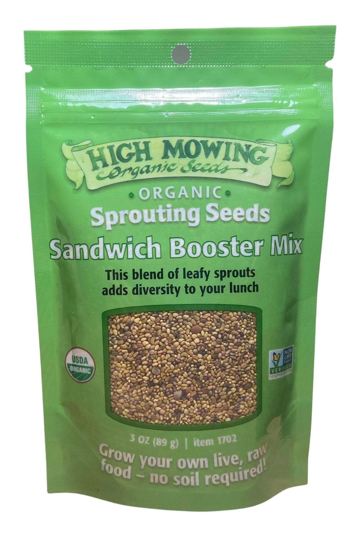 Organic sprouting seeds pouch, Sandwich Booster Mix, green bag with seed window