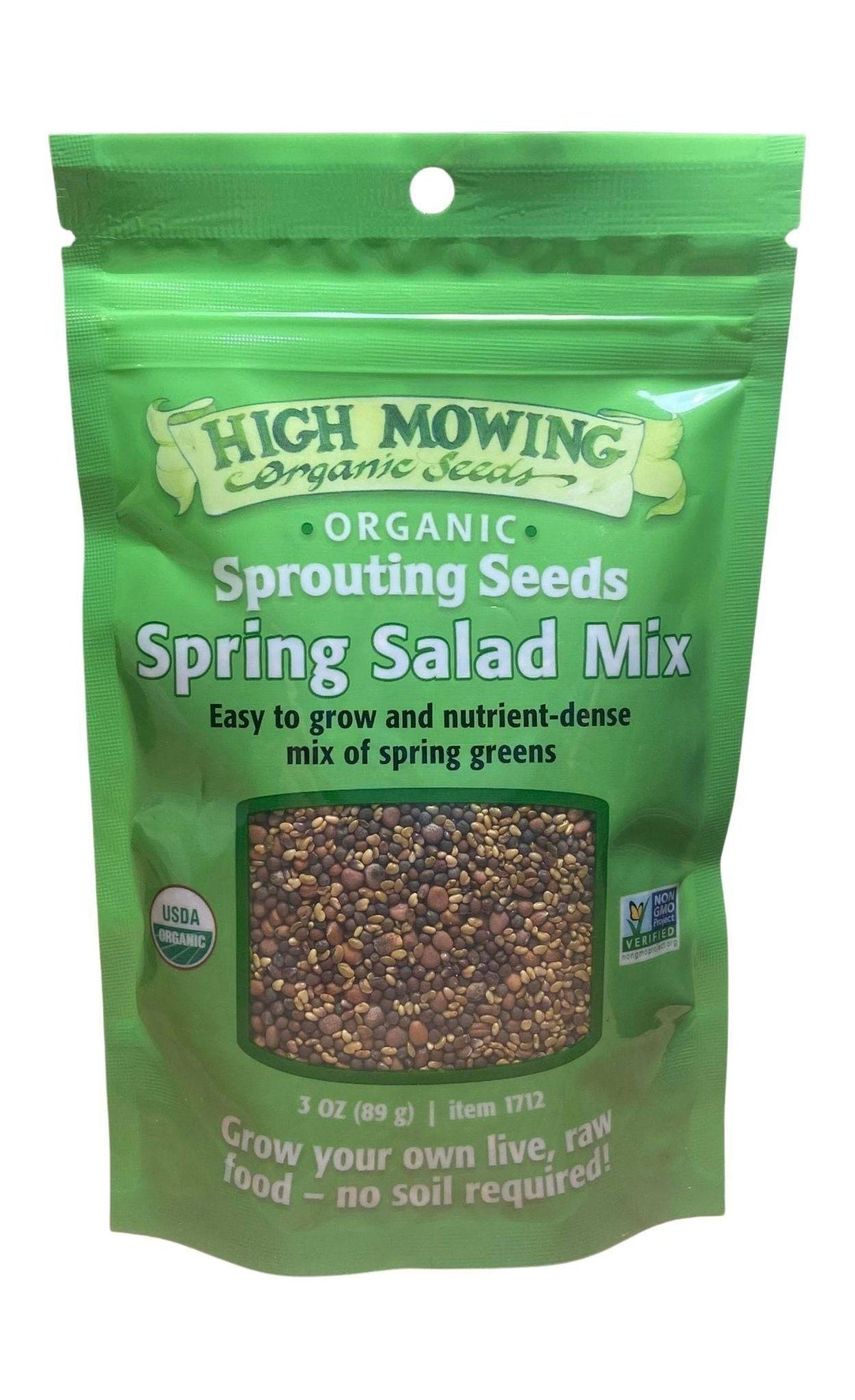 Organic sprouting seeds pouch, Spring Salad Mix, green bag with seed window