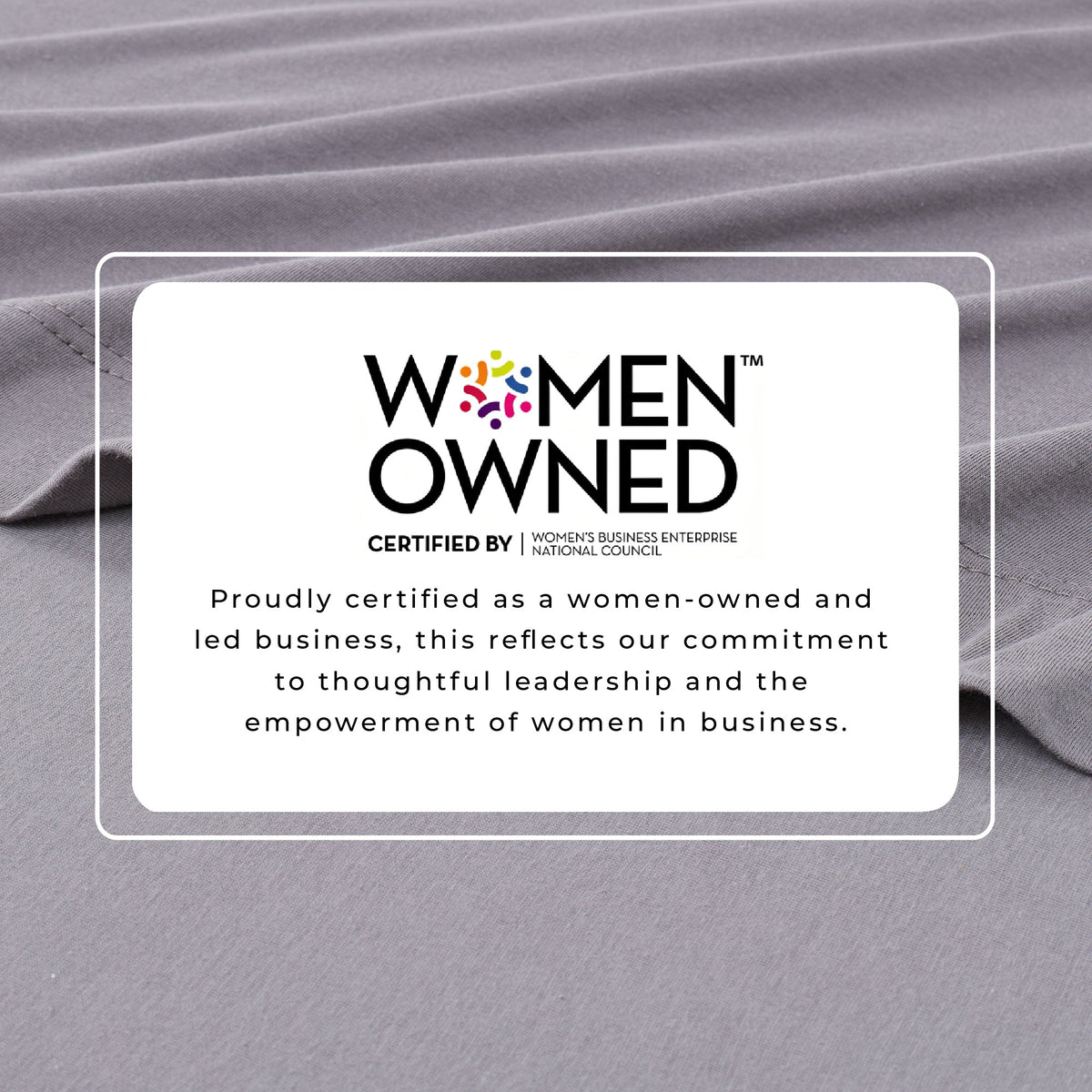 Grey jersey knit sheet set fabric with Women Owned certification badge overlay