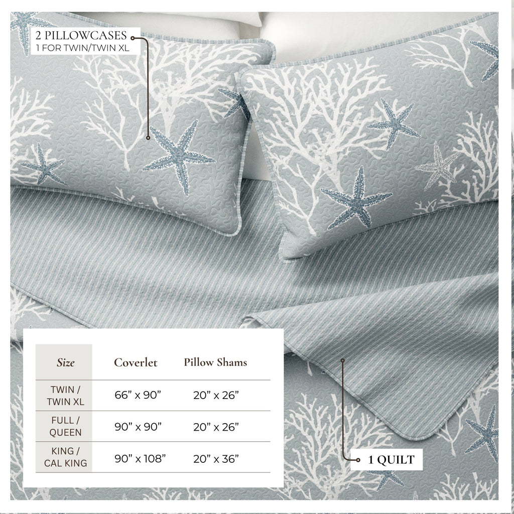 Blue quilt set with starfish and coral pattern and matching pillow shams, Twin/Twin XL.