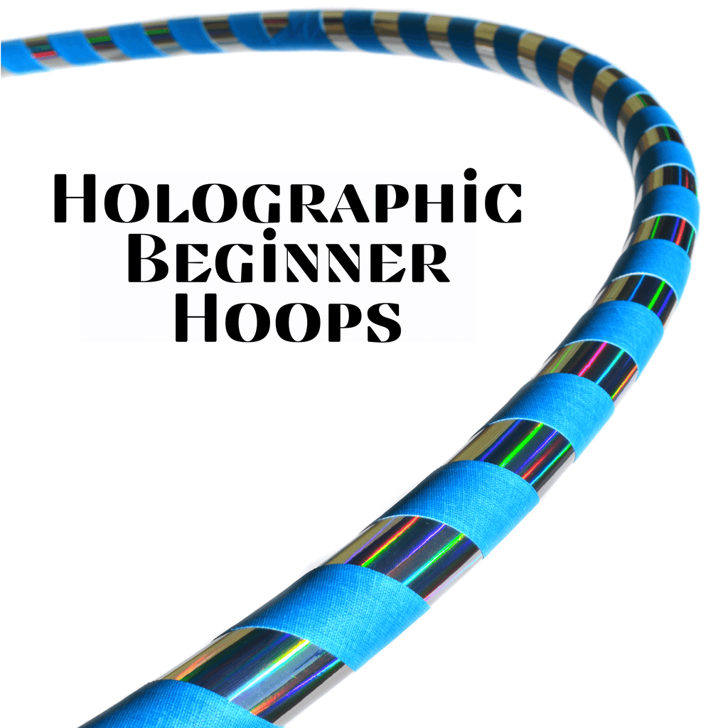 Holographic taped hula hoop with blue striped sections and blue foam grip tape