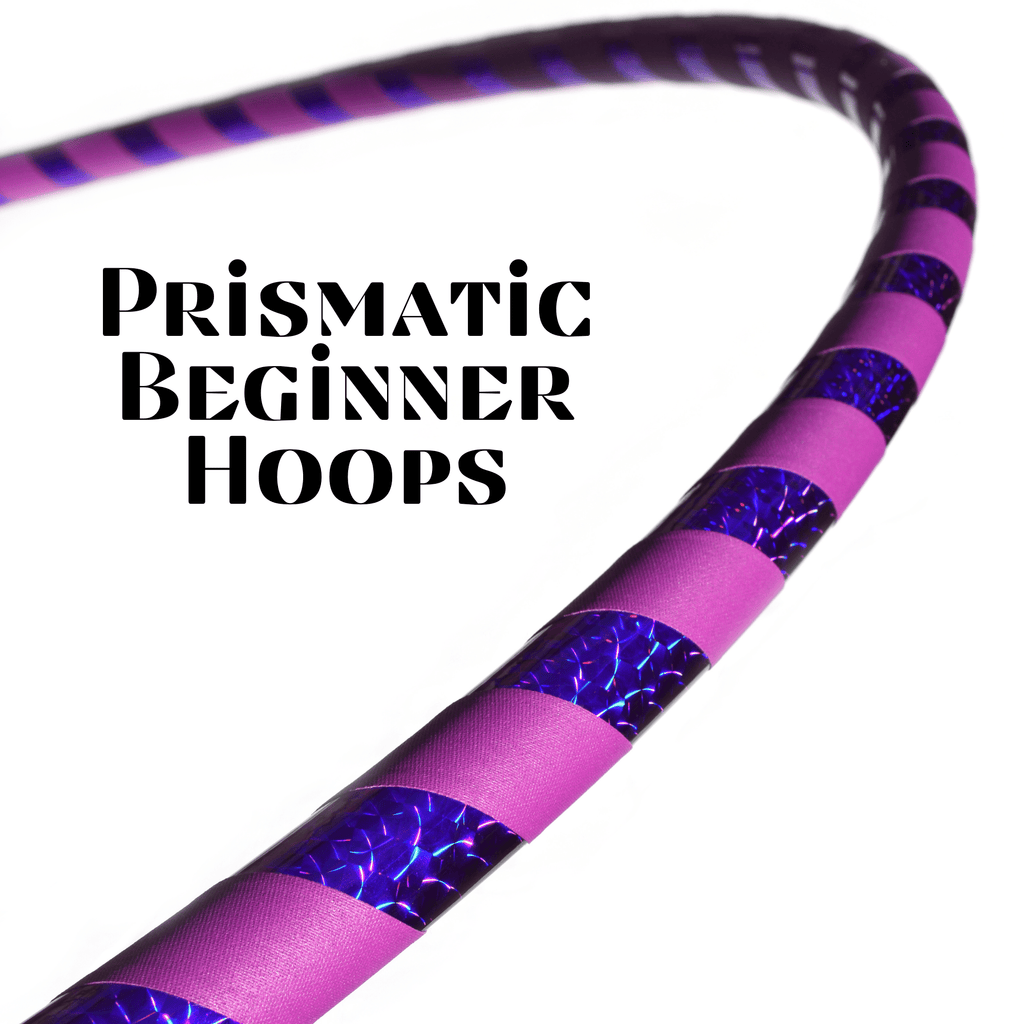 Prismatic beginner hula hoop with purple glitter tape segments and black trim