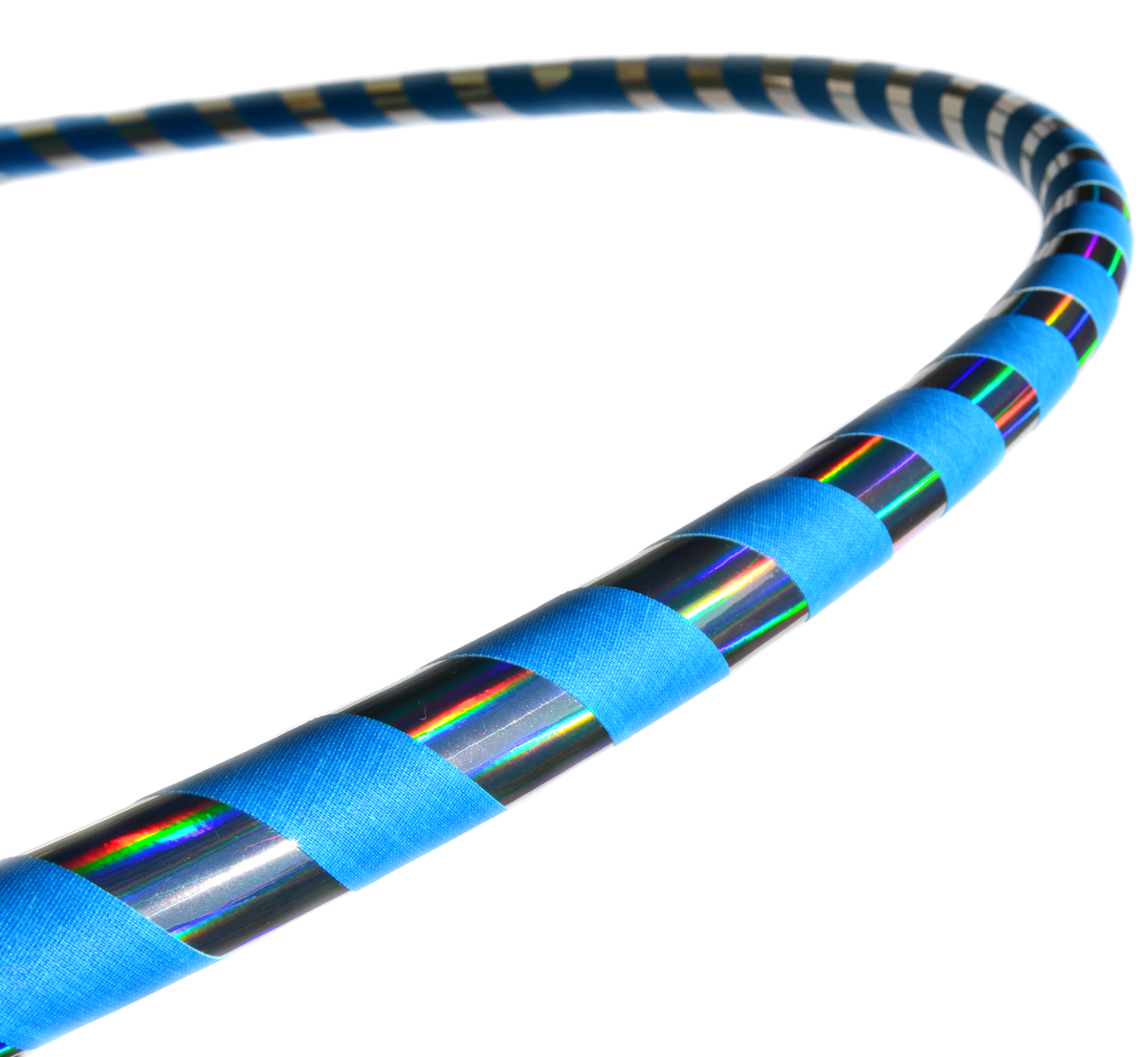 Blue holographic taped hula hoop with reflective stripe wraps and foam grip tape
