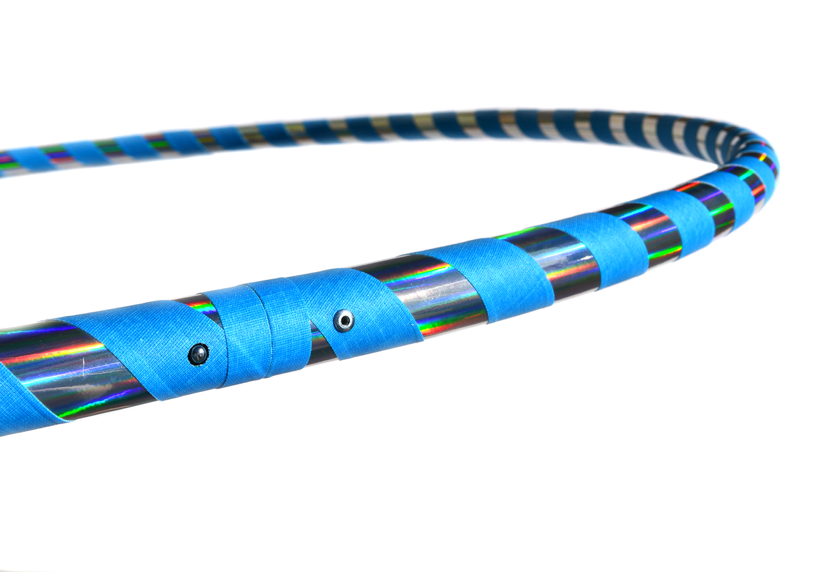 Blue holographic hula hoop with foam grip and reflective stripe tape bands