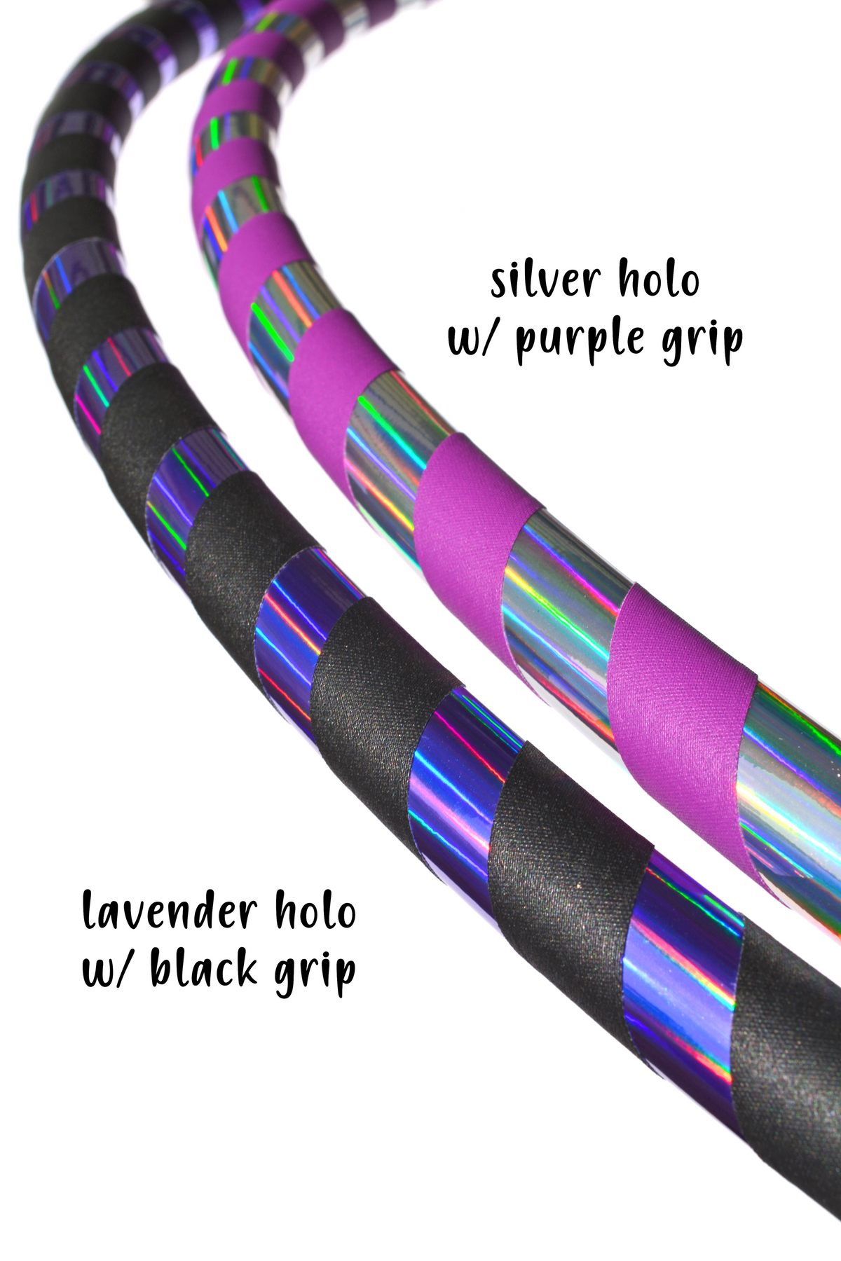 Lavender and silver holographic hula hoops with black or purple grip tape