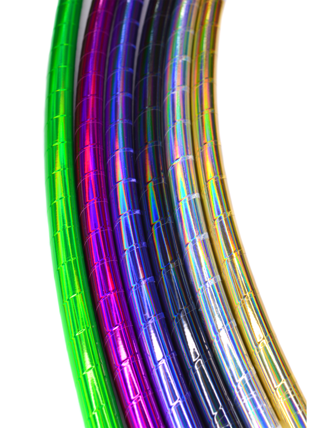 Multi-color holographic hula hoops bundle with shiny metallic tape wrap