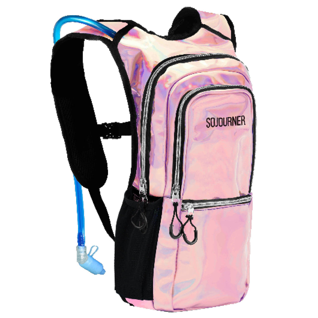 Medium holographic hydration pack backpack with pink iridescent front and black straps