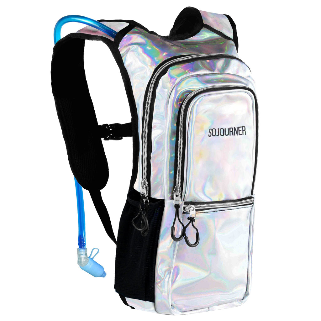 Medium silver holographic hydration pack backpack with clear bottle-style hose