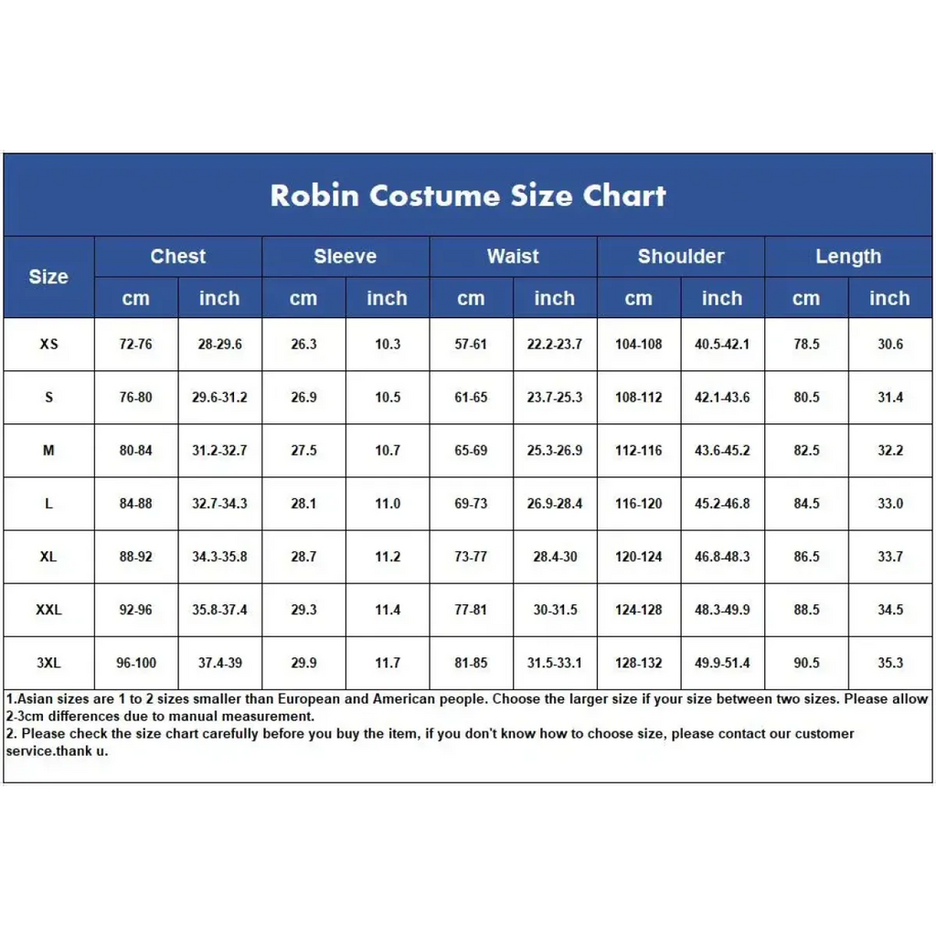 Robin costume size chart with measurements for chest, sleeve, waist, shoulder, and length.