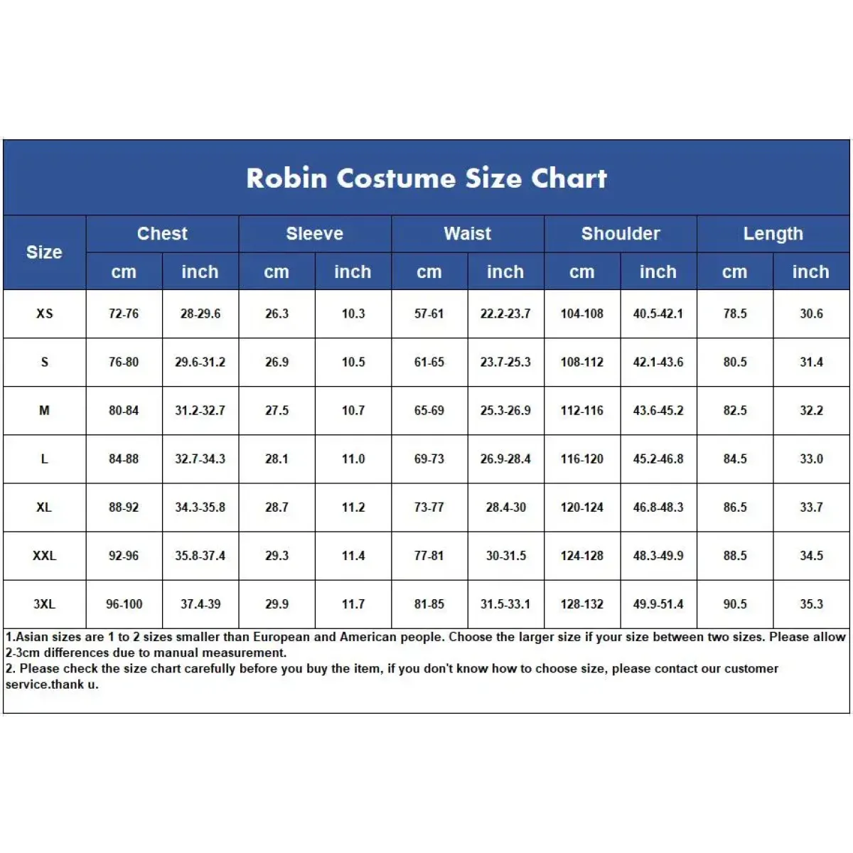 Robin costume size chart with measurements for chest, sleeve, waist, shoulder, and length.