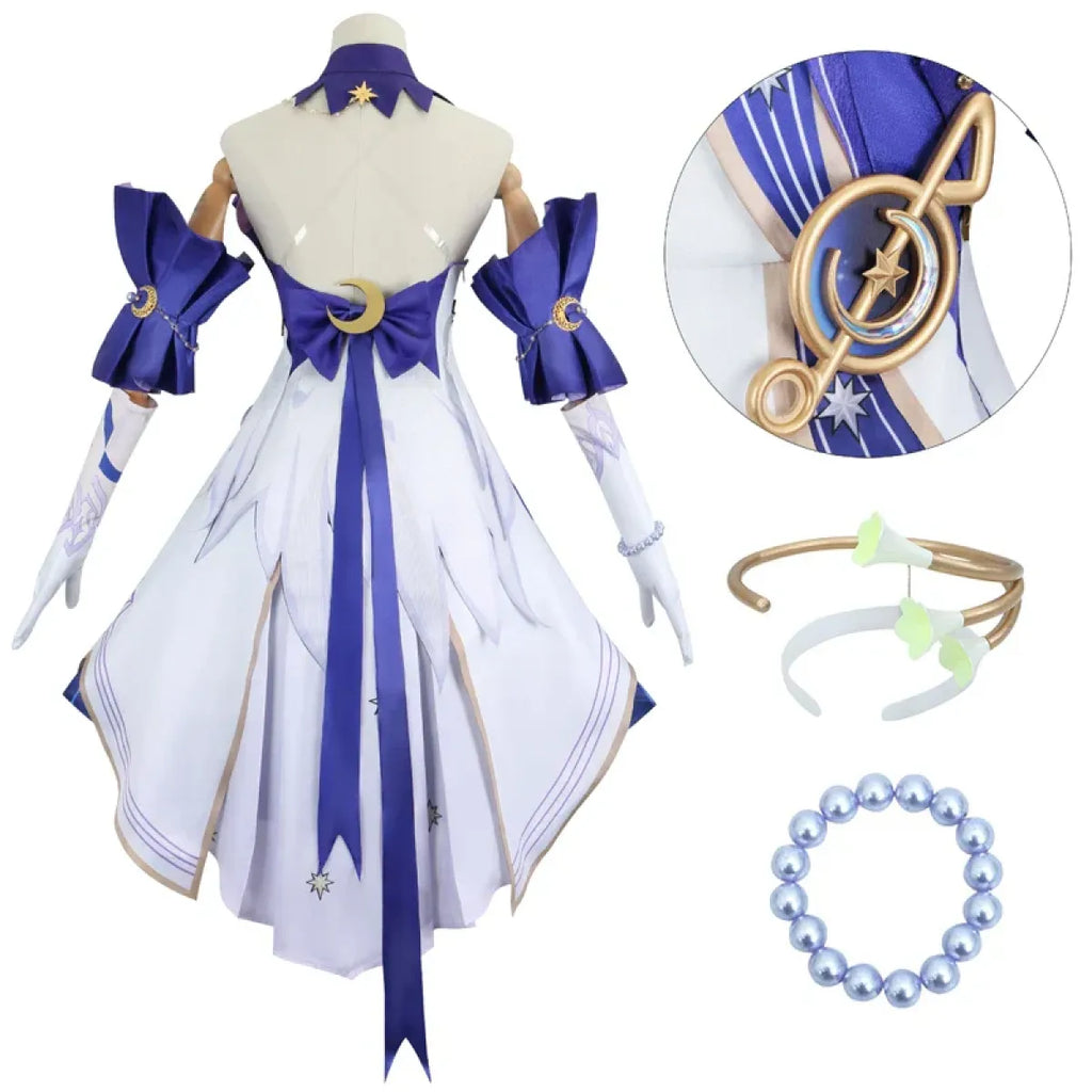 Back view of white and blue cosplay dress with gold ring emblem and bow-like shoulder accents.