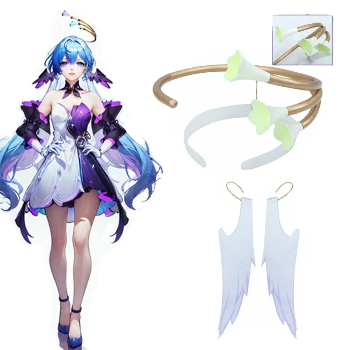 Cosplay dress with light blue wig and white dress with purple-blue accents and accessories set.
