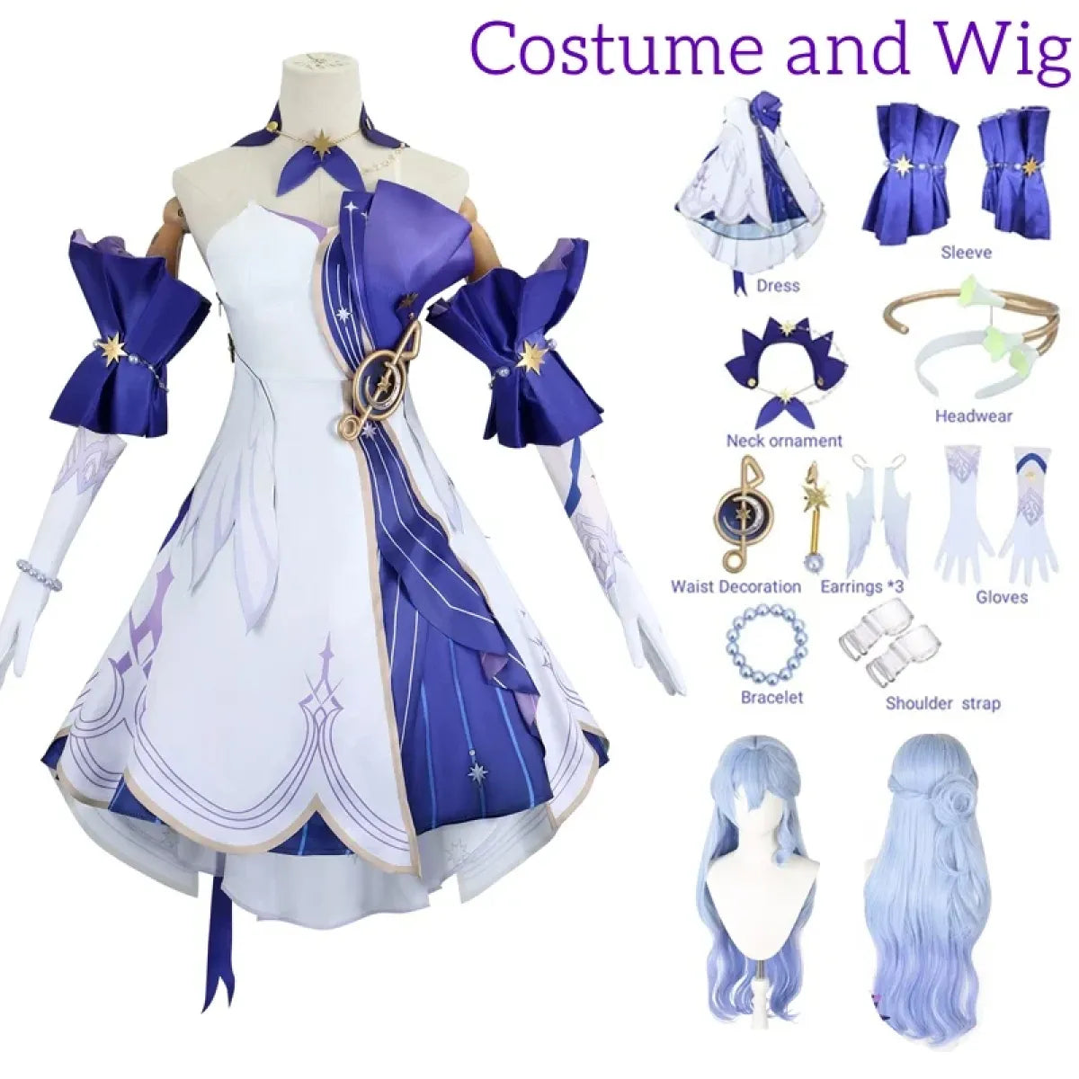 Cosplay set with white and blue dress, headwear, gloves, bracelet, and long light-blue wig.