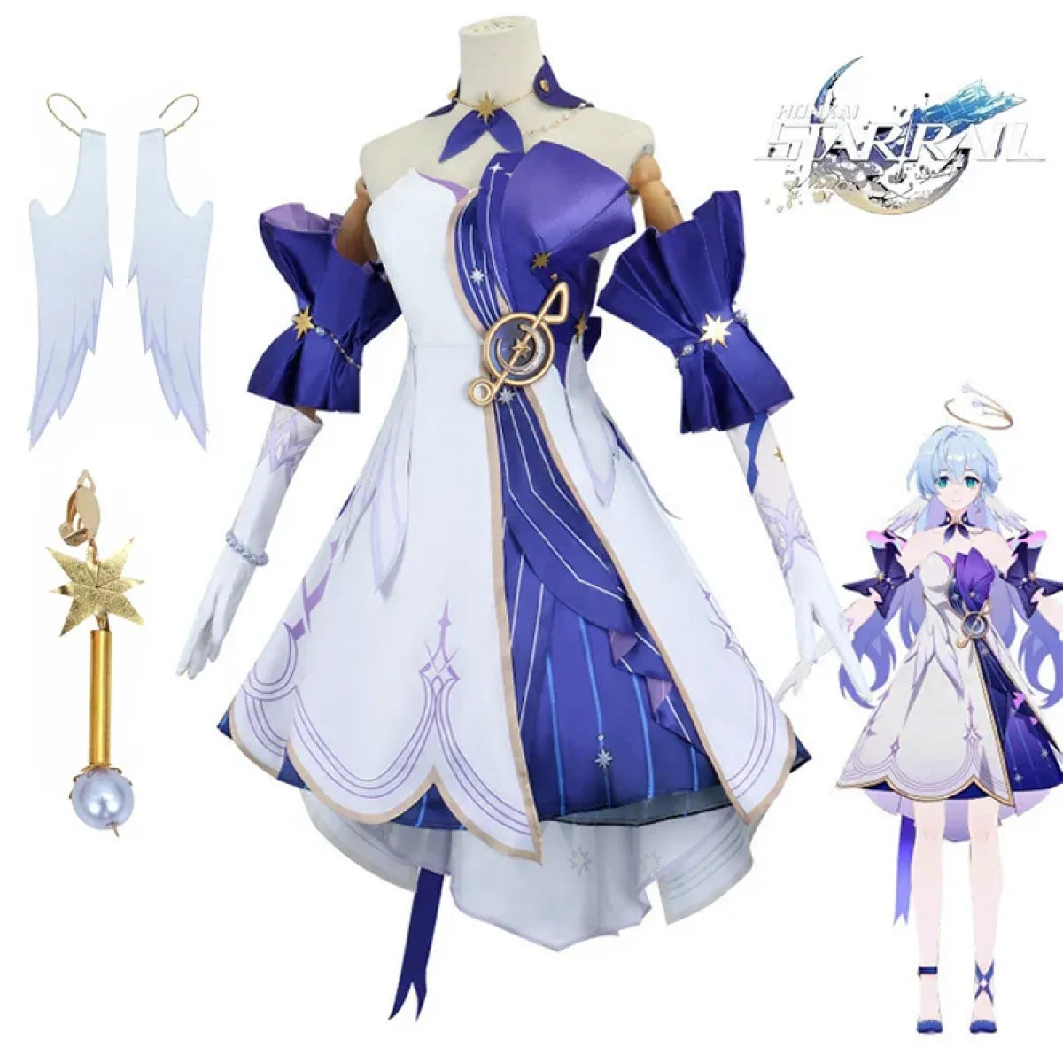 Front view of white and royal blue cosplay dress with gold emblem, capelet sleeves, and skirt panels.