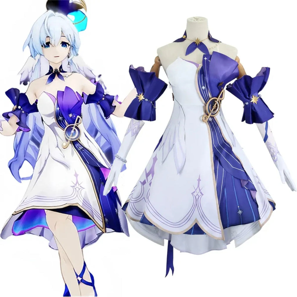 White and purple-blue cosplay dress with off-shoulder sleeves, gold emblem detail, and gloves.