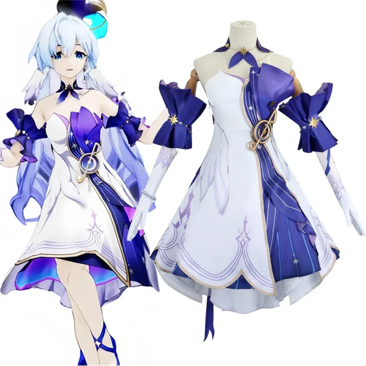White and purple-blue cosplay dress with off-shoulder sleeves, gold emblem detail, and gloves.