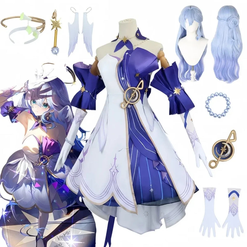 Cosplay dress on mannequin in white and royal blue with star accents and gold emblem.