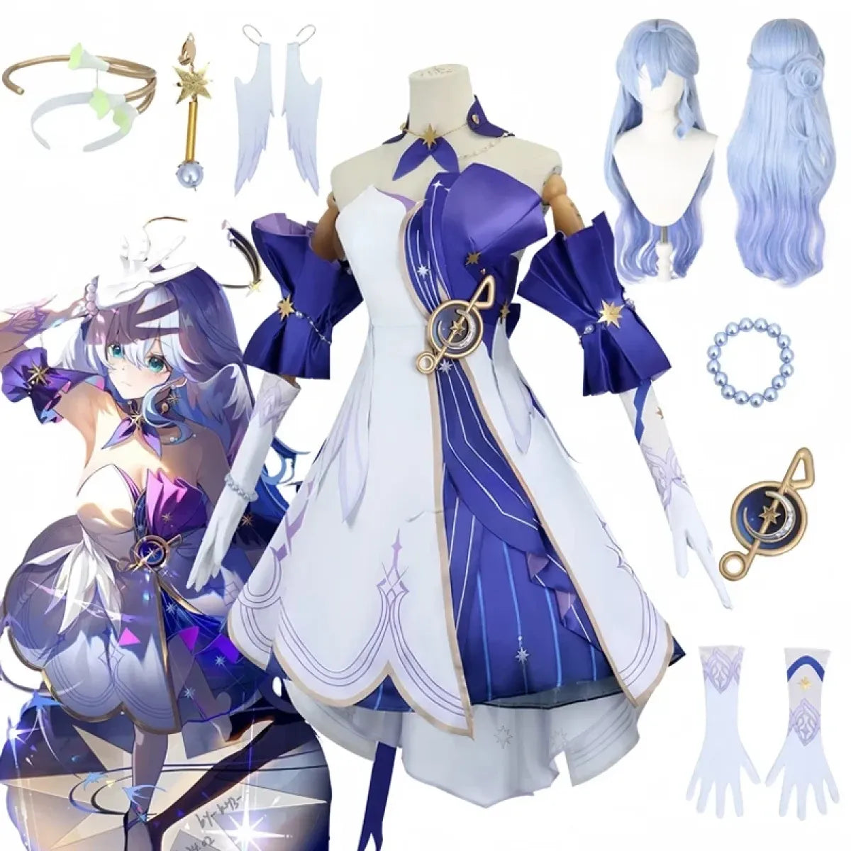 Cosplay dress on mannequin in white and royal blue with star accents and gold emblem.