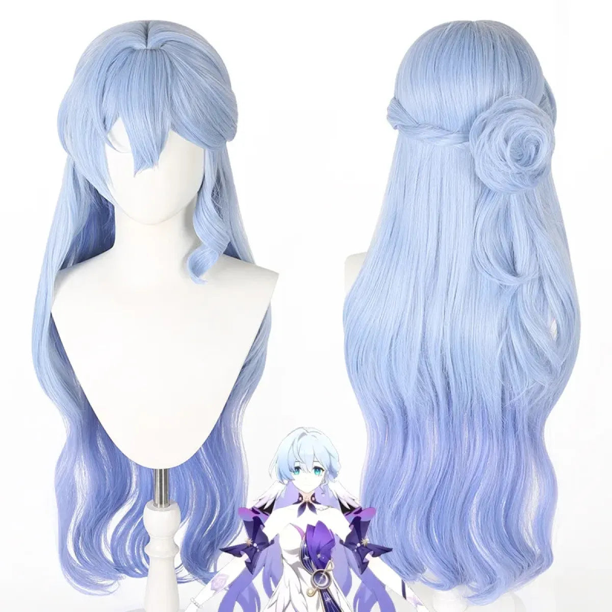 Long light-blue cosplay wig on white mannequin head, with side-swept bangs and layered waves.