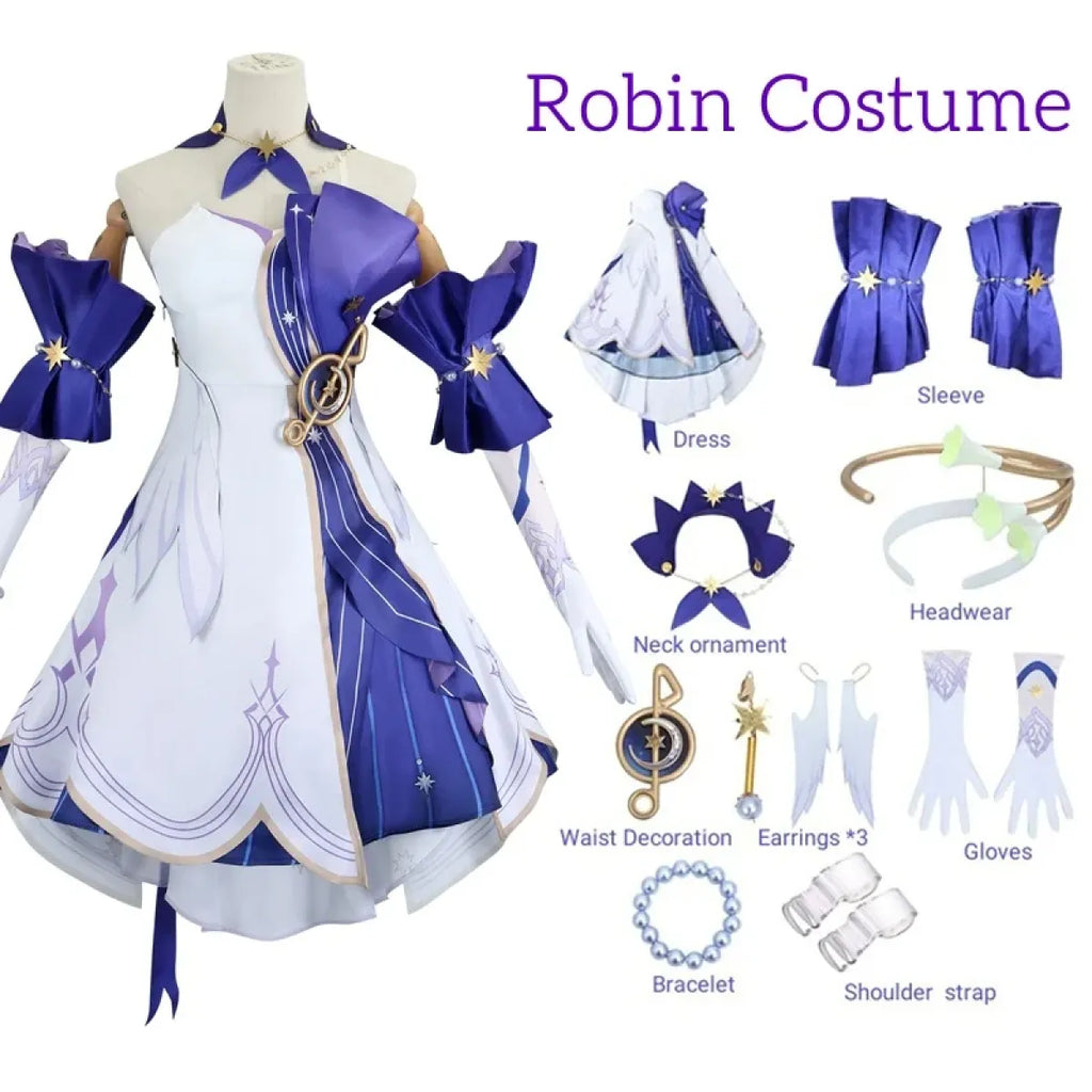 White and blue cosplay dress with purple bow sleeves, gold emblem, and matching accessory items.