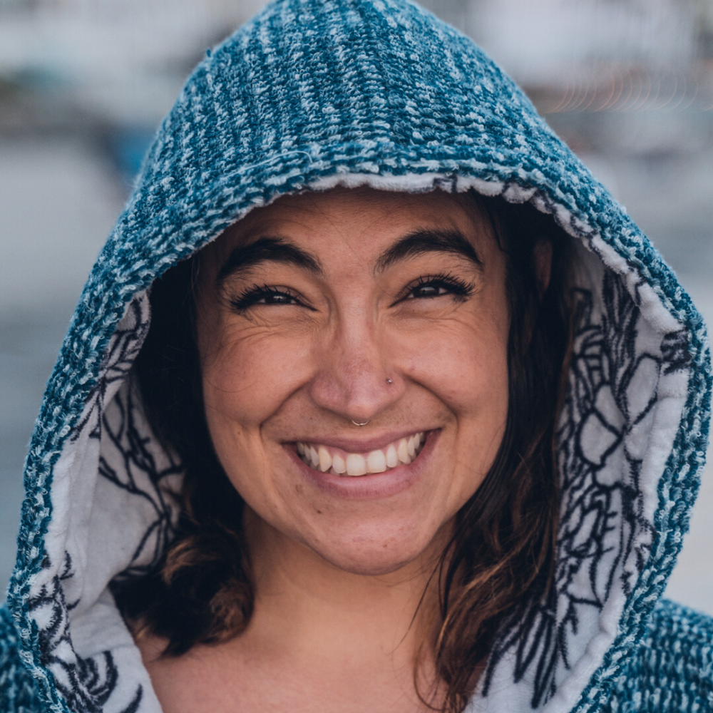 Close-up of blue hood from a wearable blanket hoodie with textured lining