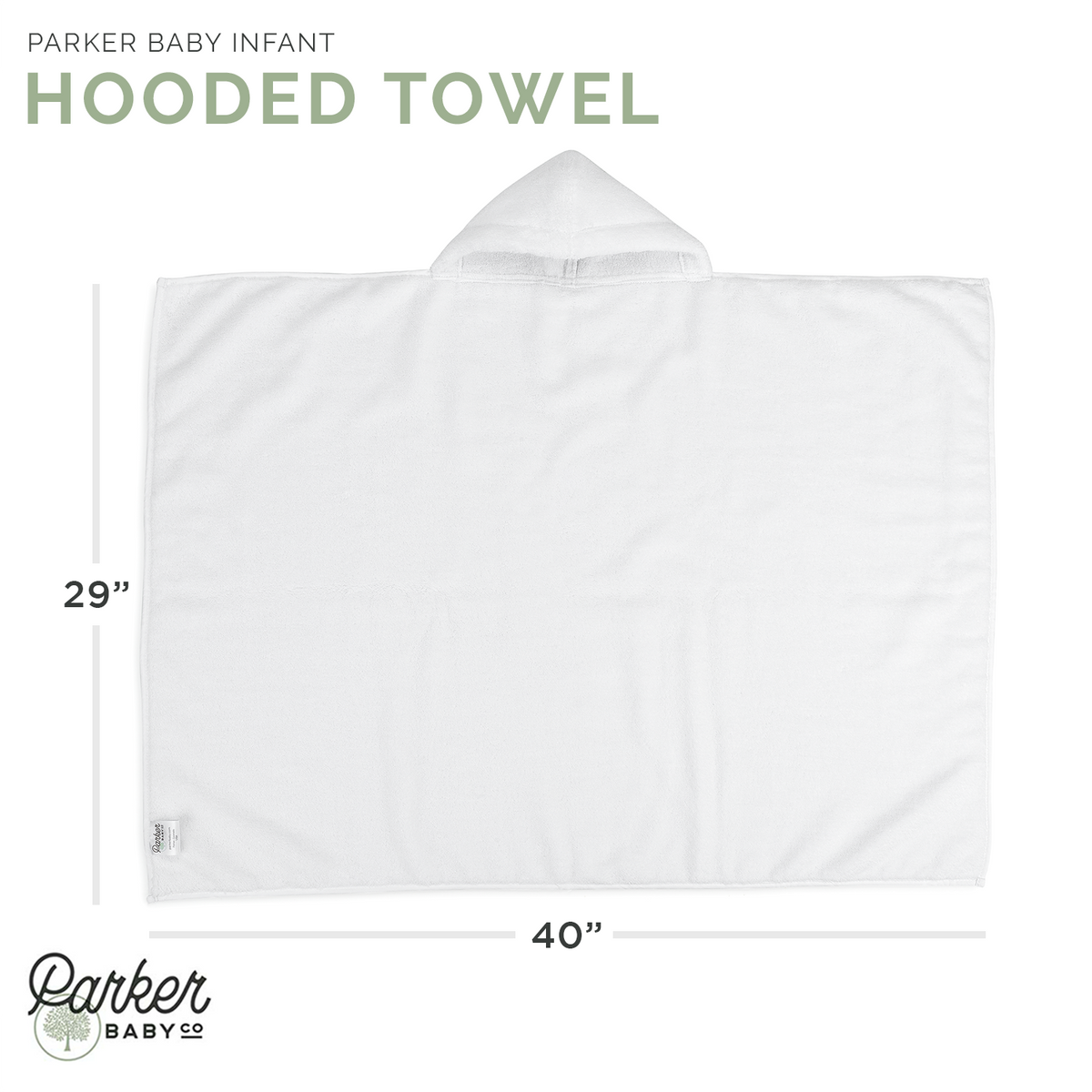 White hooded bath towel laid flat with hood at the top edge
