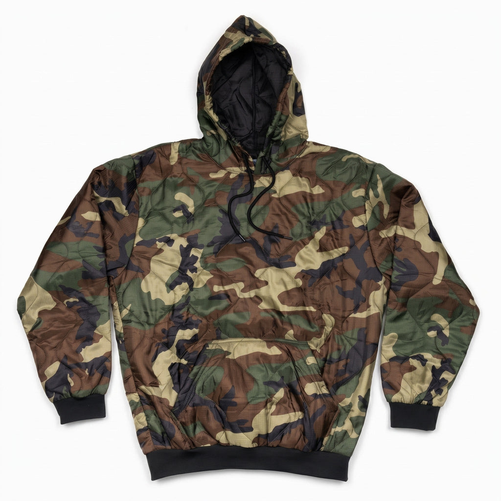 Woobie hoodie green-brown camouflage print with hood and black drawstring, pullover.