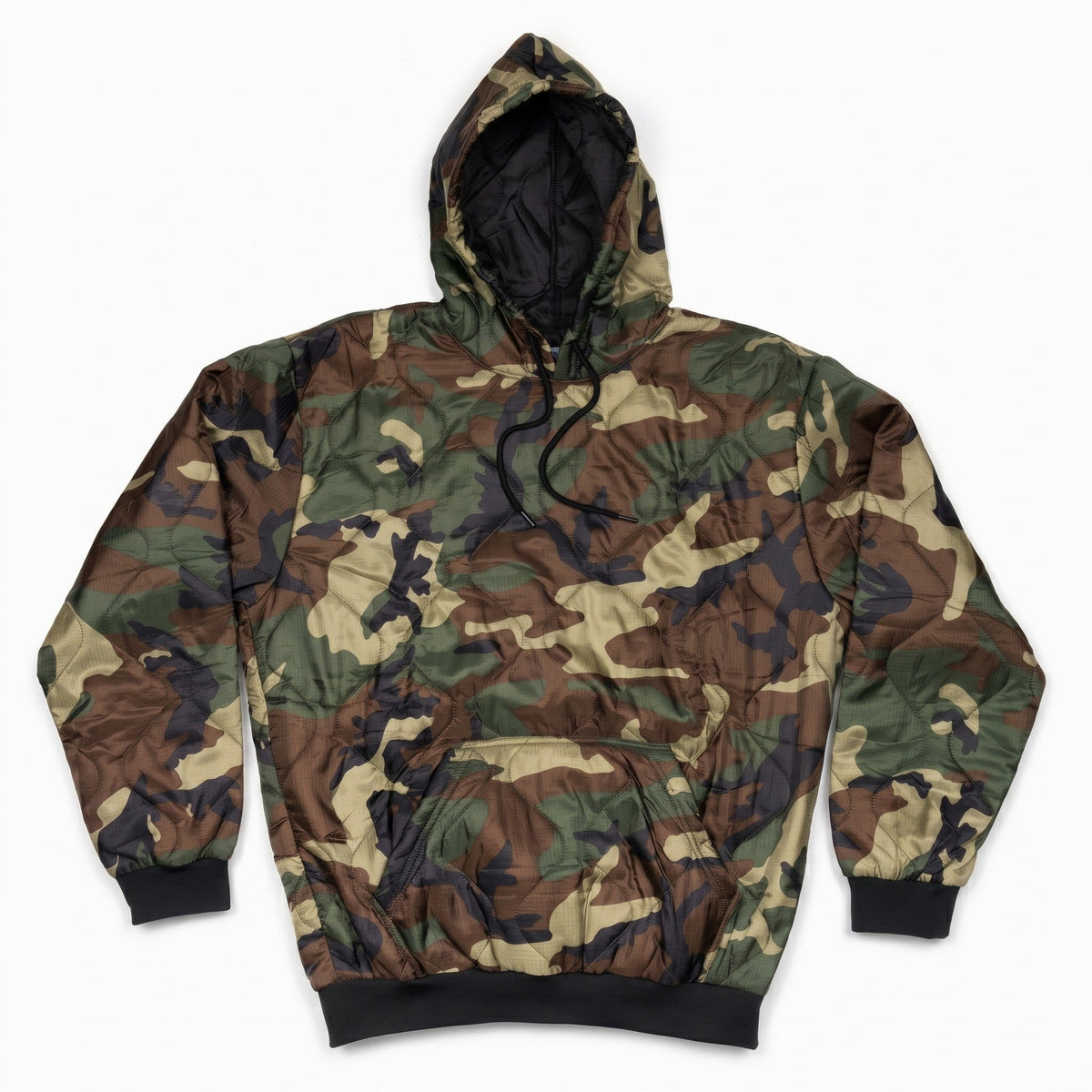 Woobie hoodie green-brown camouflage print with hood and black drawstring, pullover.