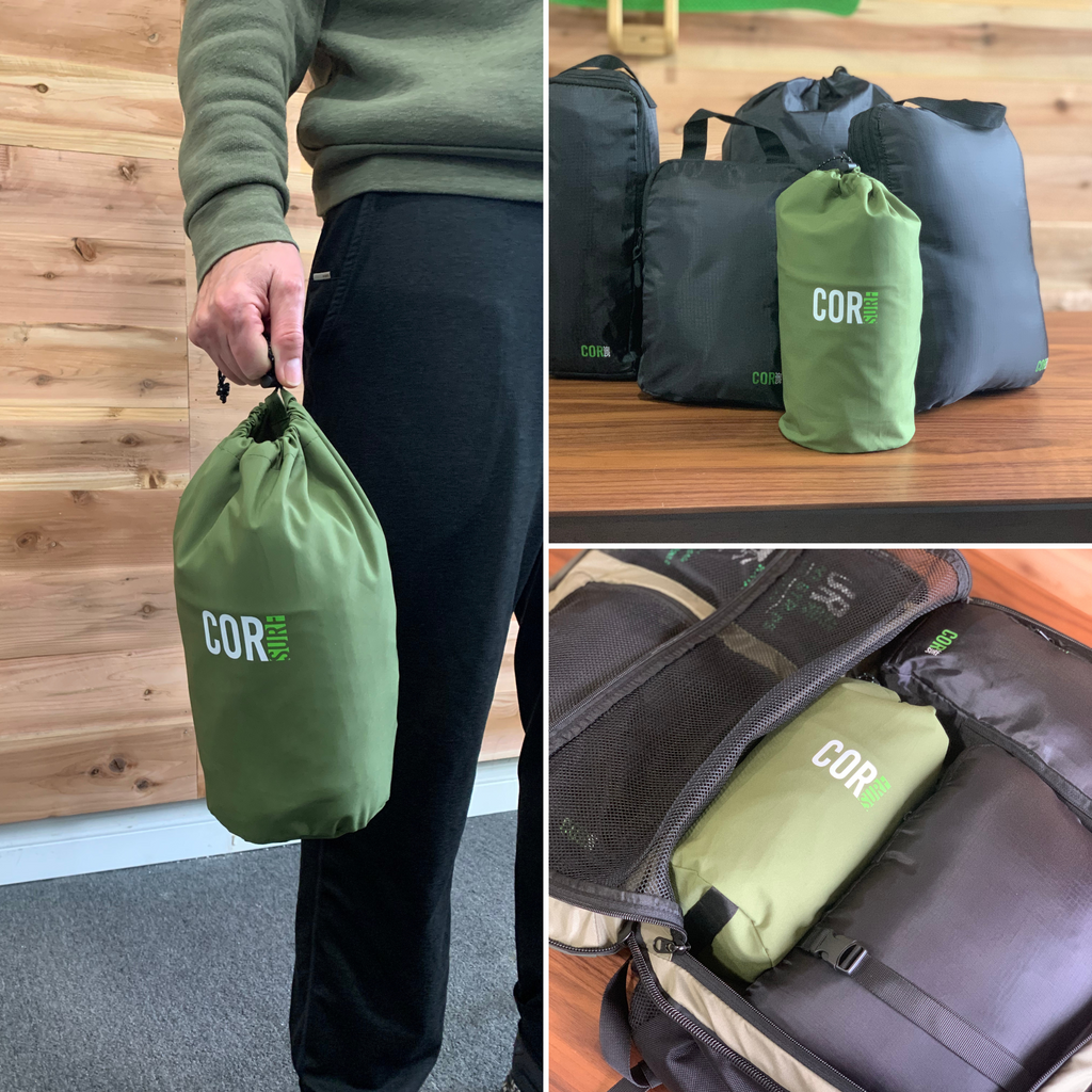 Jacket packing pouches with green drawstring bag