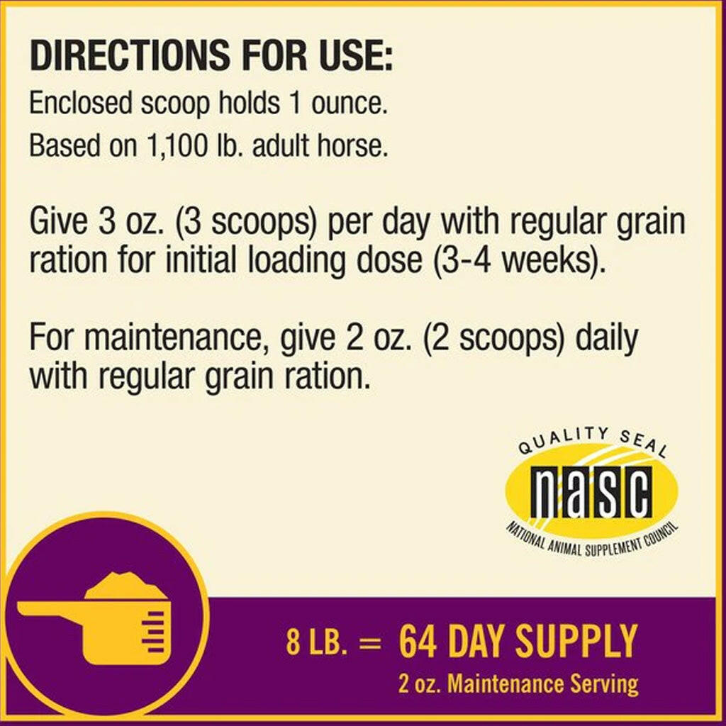 Horse supplement directions panel, scoop and daily serving instructions