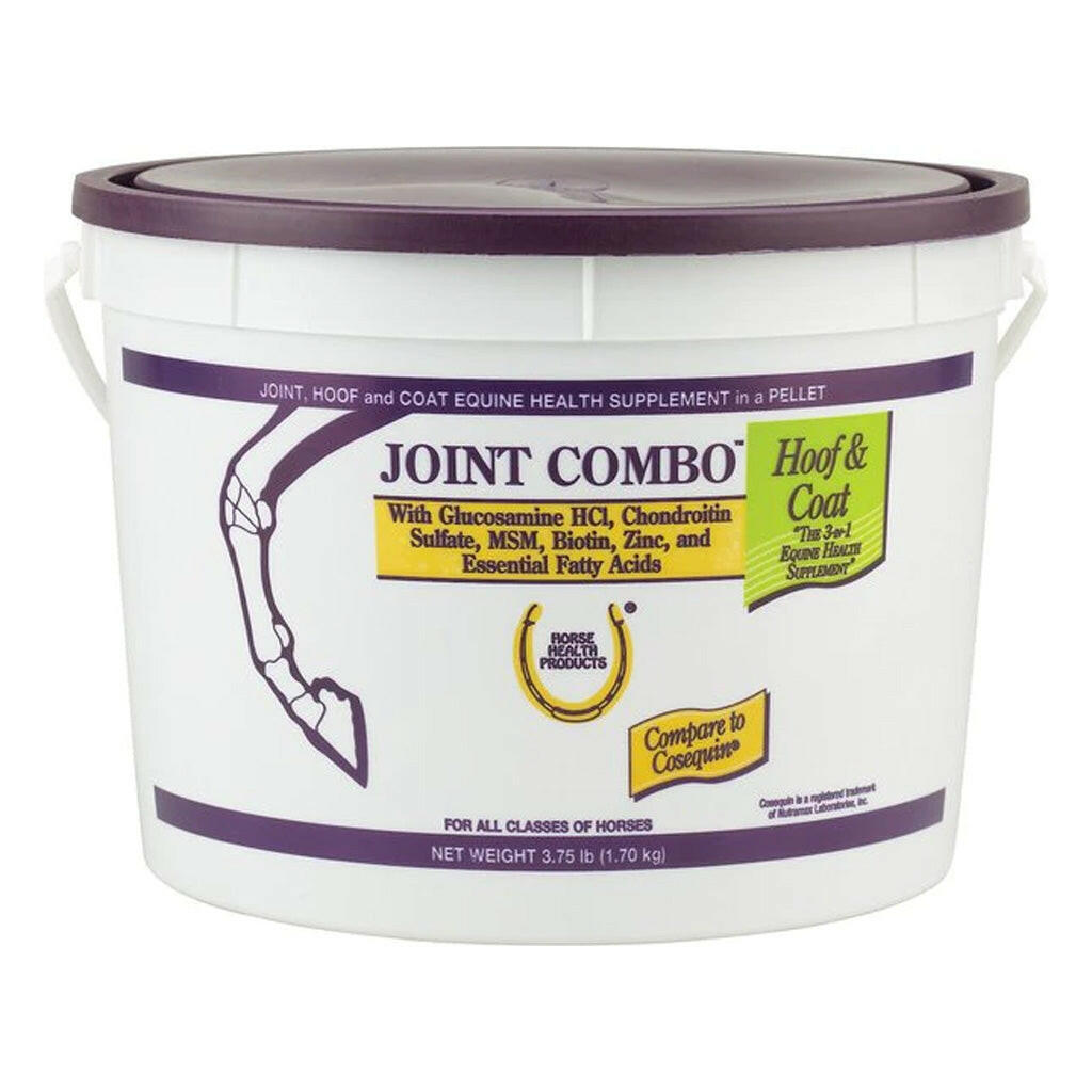 Horse joint, hoof & coat supplement bucket, white tub with purple lid and label