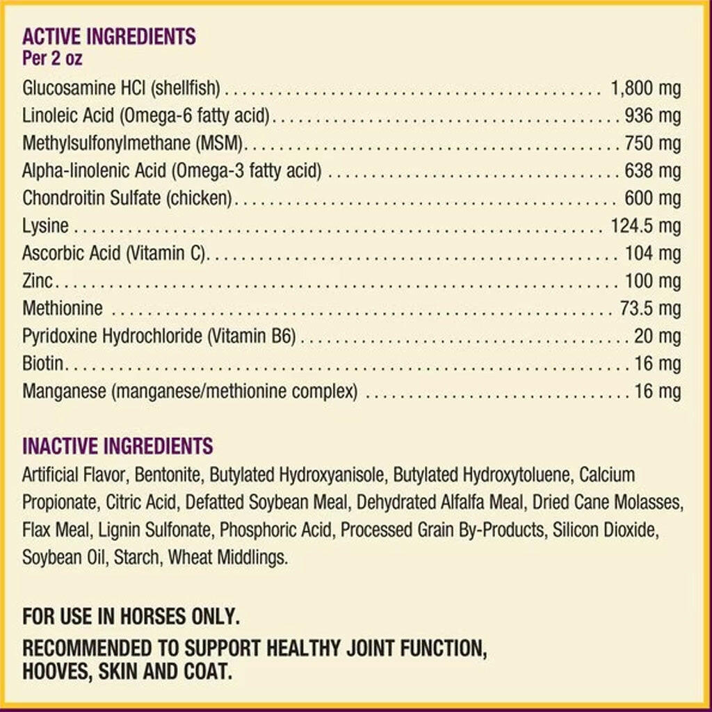 Horse supplement facts panel listing active ingredients for joint, hoof & coat