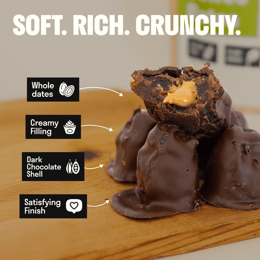Dark chocolate stuffed dates with creamy filling, shown with serving cutaway graphic