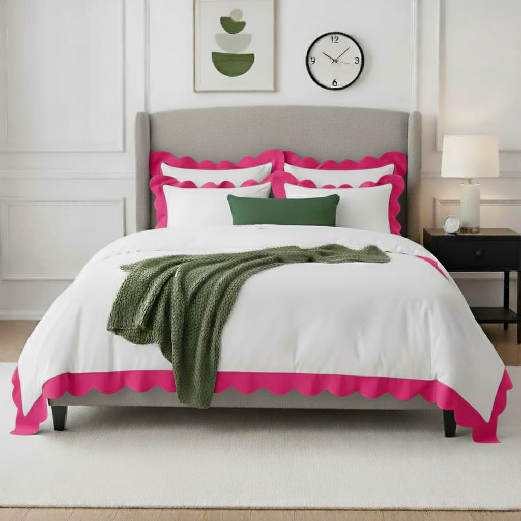White duvet cover set with hot pink wavy scallop applique border and shams