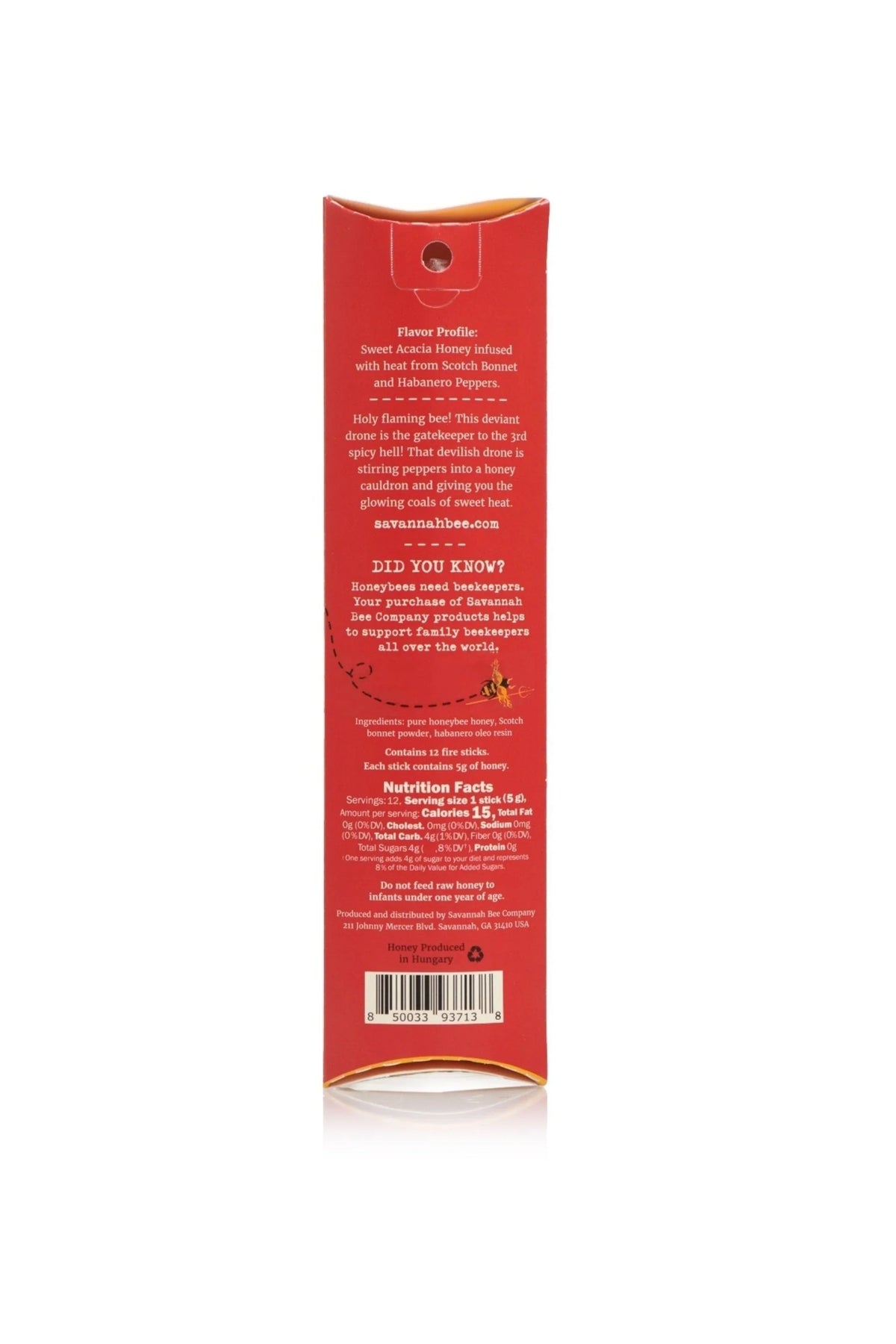 Red back of hot honey fire sticks carton with ingredients and nutrition details