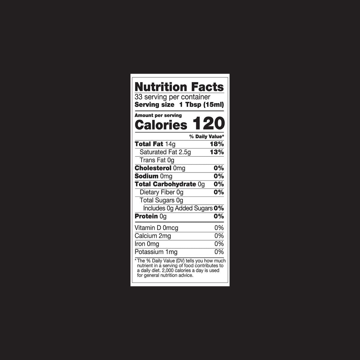 Macadamia oil Nutrition Facts label with calories and fat details