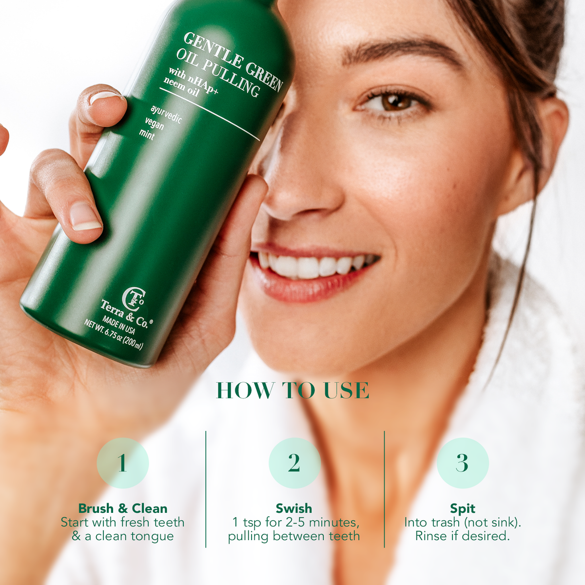 Gentle green oil pulling rinse bottle held near smile, with how-to-use steps